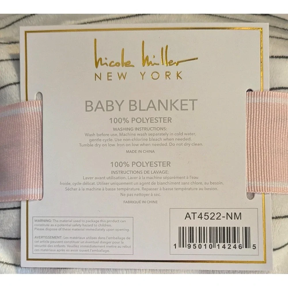 Nicole Miller Pink White Micro Mink Stripe Sherpa Baby Blanket - NEW